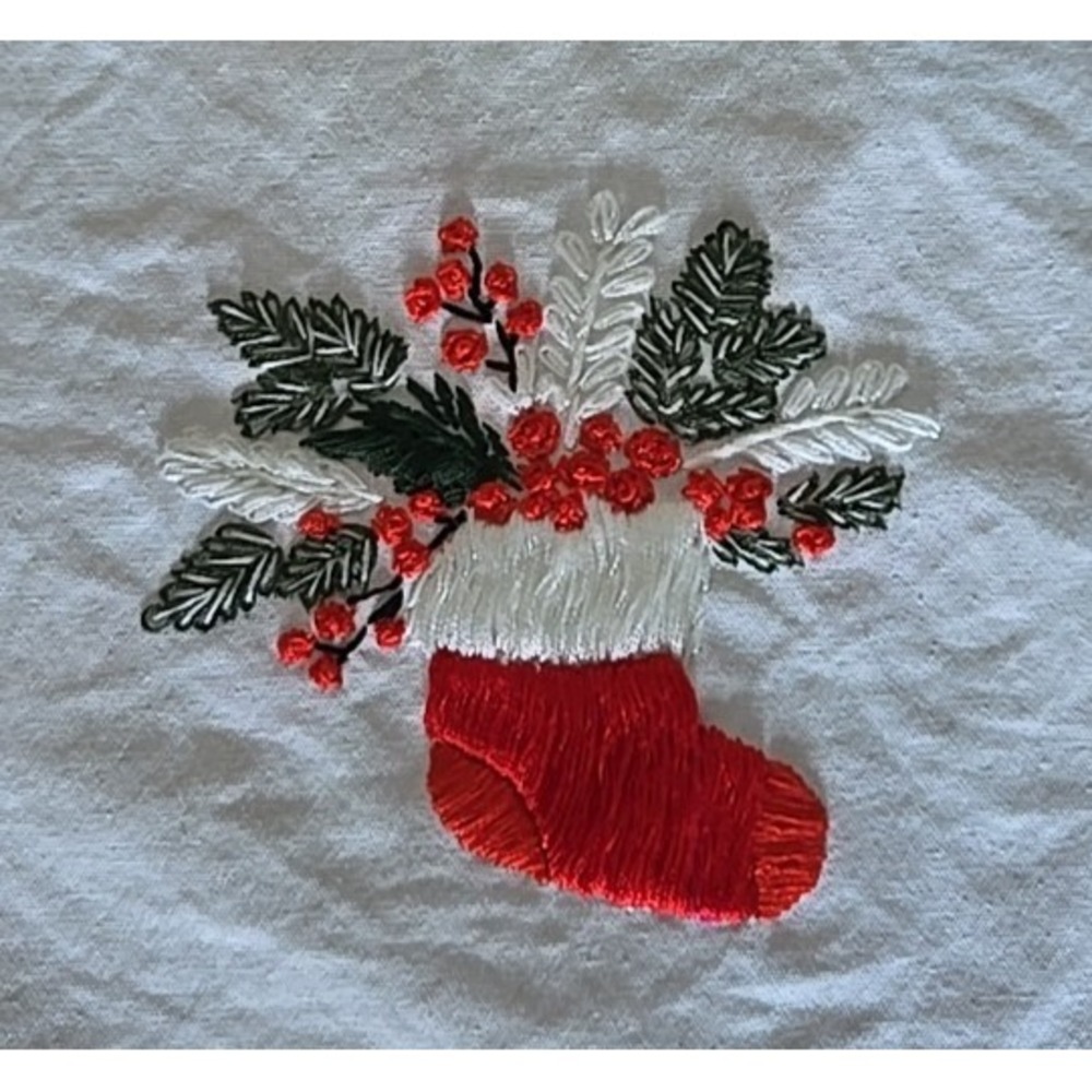 Vintage Embroidered Christmas‎ Stocking Floral Design 9x9.5 Handmade Fabric Art